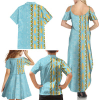 Hawaii Shell Tiare Anthurium Heliconia Lei Family Matching Summer Maxi Dress and Hawaiian Shirt With Tapa Pattern Baby Blue