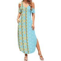 Hawaii Shell Tiare Anthurium Heliconia Lei Family Matching Summer Maxi Dress and Hawaiian Shirt With Tapa Pattern Baby Blue