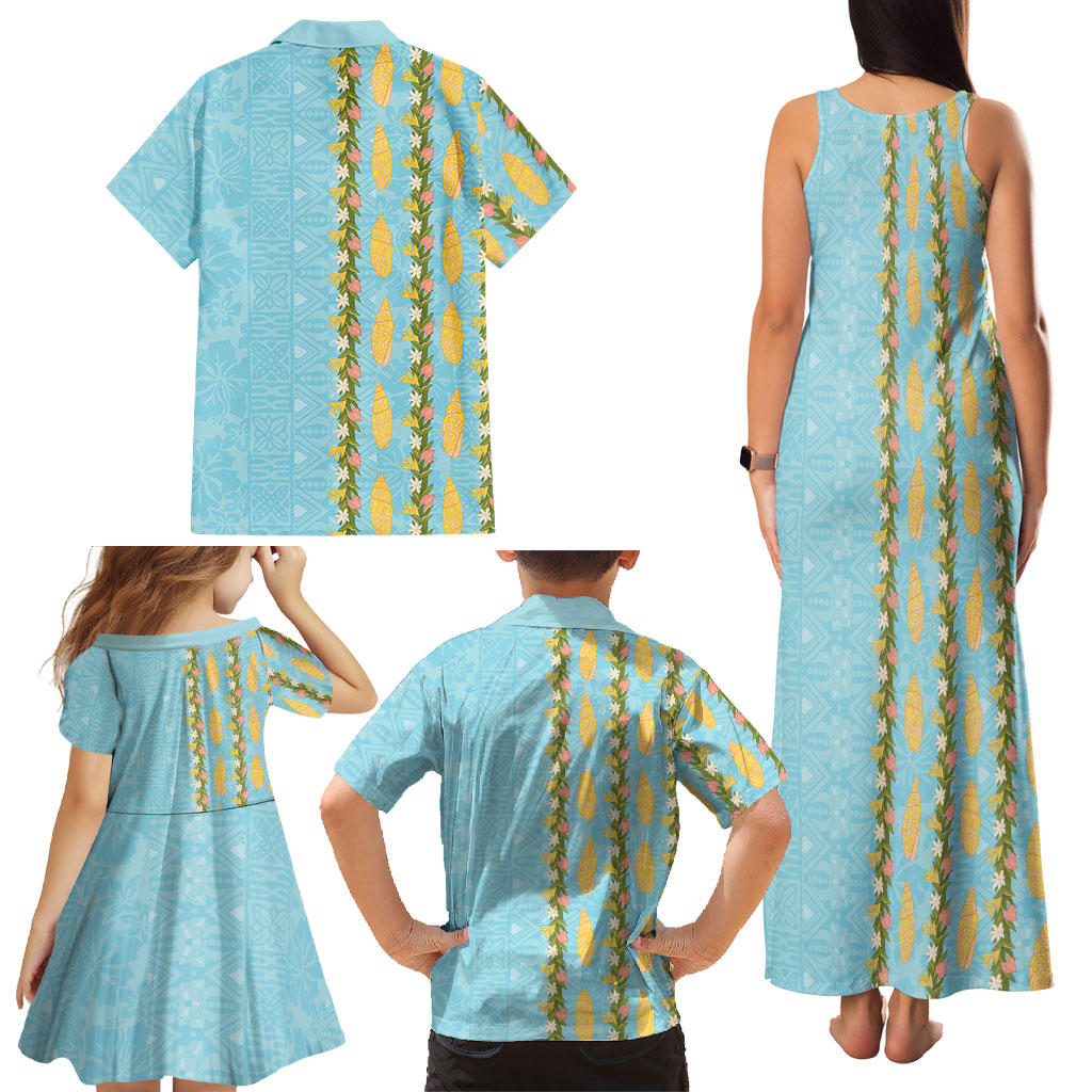 Hawaii Shell Tiare Anthurium Heliconia Lei Family Matching Tank Maxi Dress and Hawaiian Shirt With Tapa Pattern Baby Blue
