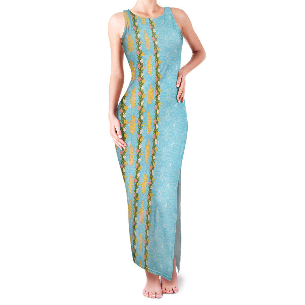 Hawaii Shell Tiare Anthurium Heliconia Lei Family Matching Tank Maxi Dress and Hawaiian Shirt With Tapa Pattern Baby Blue
