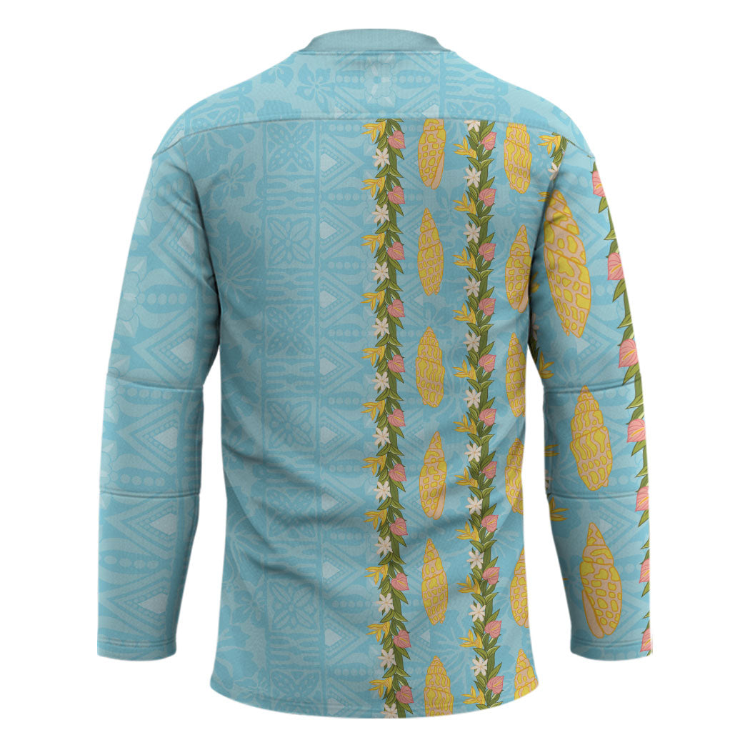 Hawaii Shell Tiare Anthurium Heliconia Lei Hockey Jersey With Tapa Pattern Baby Blue