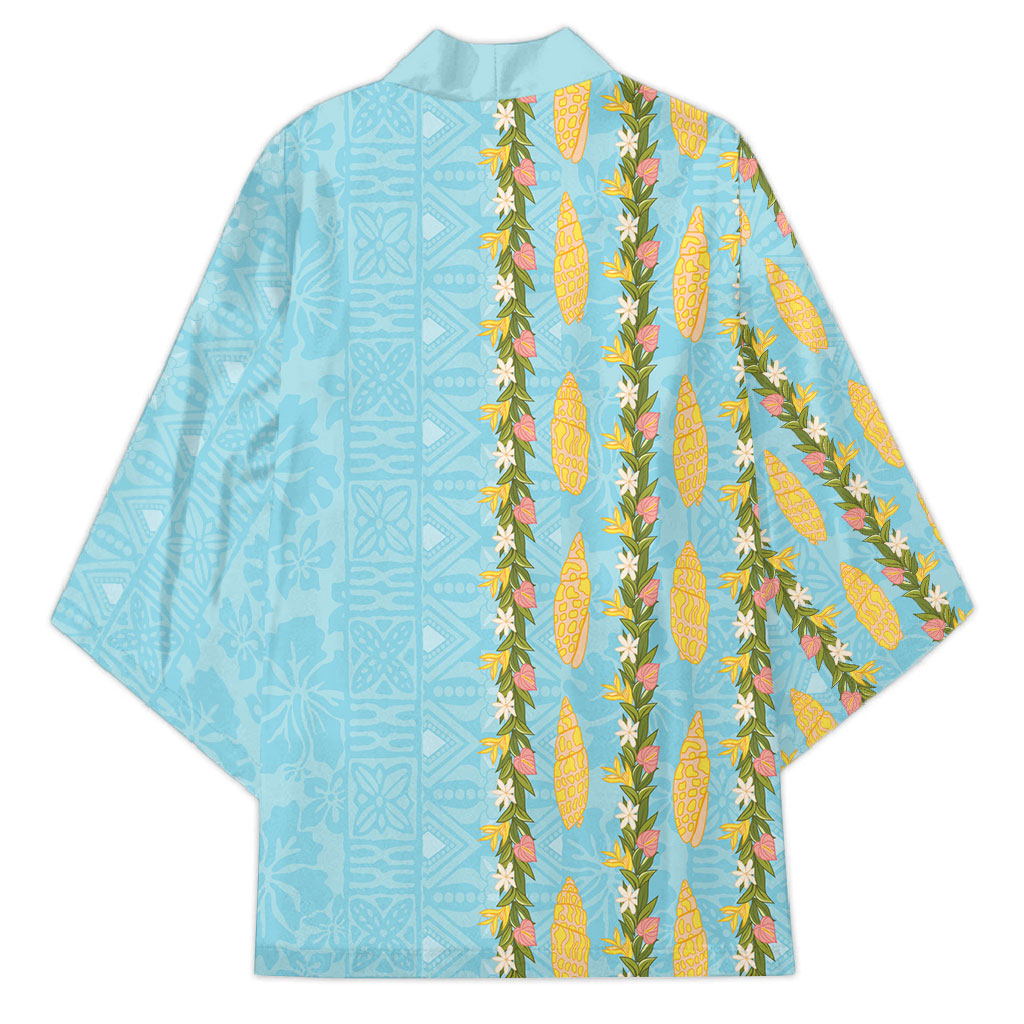 Hawaii Shell Tiare Anthurium Heliconia Lei Kimono With Tapa Pattern Baby Blue