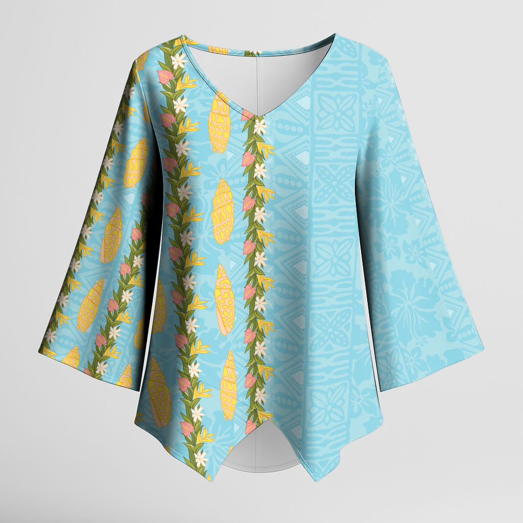 Hawaii Shell Tiare Anthurium Heliconia Lei Kimono Sleeve Blouse With Tapa Pattern Baby Blue