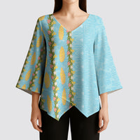 Hawaii Shell Tiare Anthurium Heliconia Lei Kimono Sleeve Blouse With Tapa Pattern Baby Blue