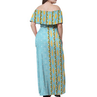 Hawaii Shell Tiare Anthurium Heliconia Lei Off Shoulder Maxi Dress With Tapa Pattern Baby Blue