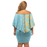 Hawaii Shell Tiare Anthurium Heliconia Lei Off Shoulder Short Dress With Tapa Pattern Baby Blue