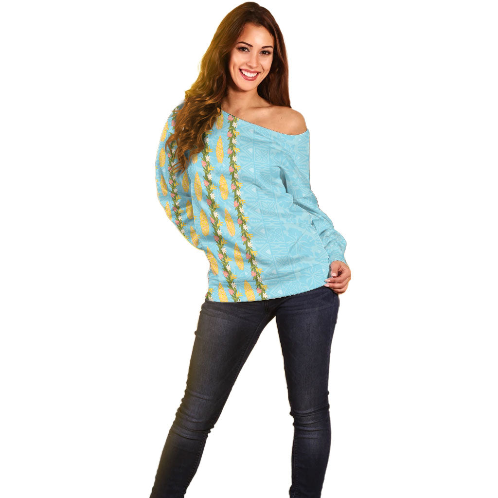 Hawaii Shell Tiare Anthurium Heliconia Lei Off Shoulder Sweater With Tapa Pattern Baby Blue