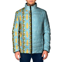 Hawaii Shell Tiare Anthurium Heliconia Lei Padded Jacket With Tapa Pattern Baby Blue