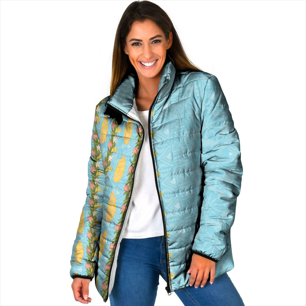 Hawaii Shell Tiare Anthurium Heliconia Lei Padded Jacket With Tapa Pattern Baby Blue