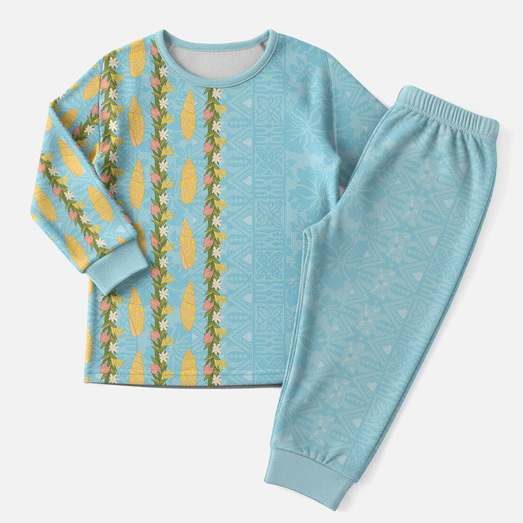 Hawaii Shell Tiare Anthurium Heliconia Lei Christmas Pajama Set With Tapa Pattern Baby Blue