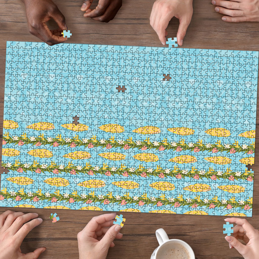 Hawaii Shell Tiare Anthurium Heliconia Lei Puzzle With Tapa Pattern Baby Blue