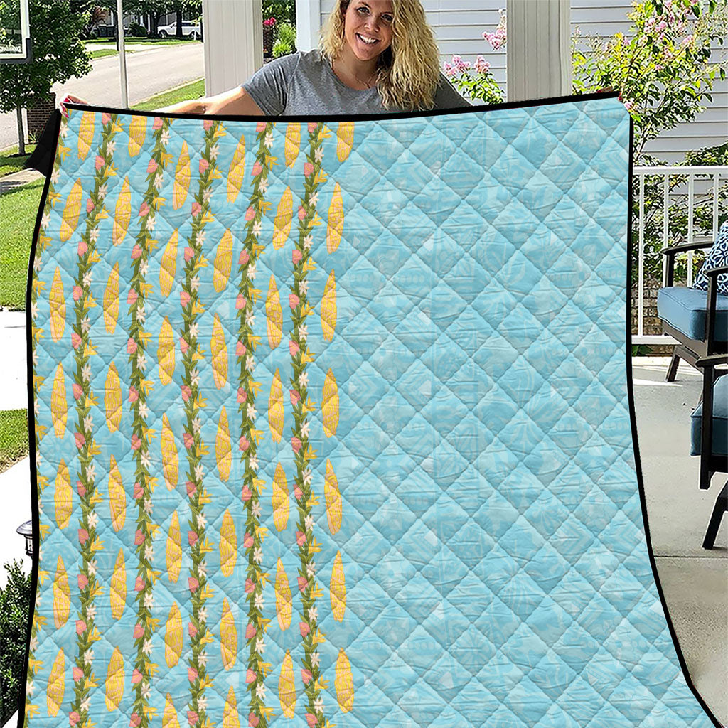 Hawaii Shell Tiare Anthurium Heliconia Lei Quilt With Tapa Pattern Baby Blue