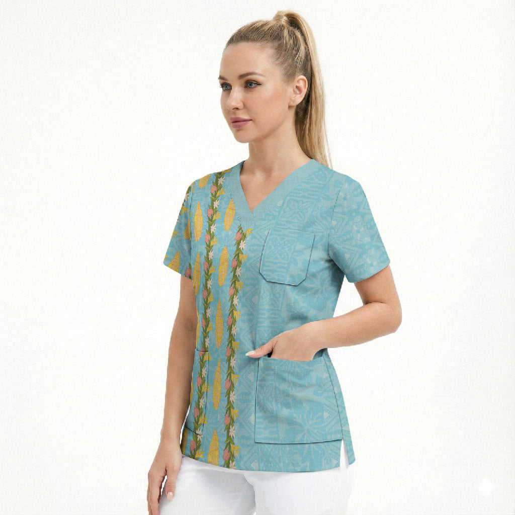 Hawaii Shell Tiare Anthurium Heliconia Lei Scrub Top With Tapa Pattern Baby Blue