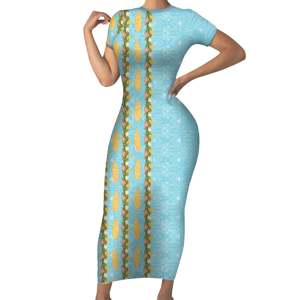 Hawaii Shell Tiare Anthurium Heliconia Lei Short Sleeve Bodycon Dress With Tapa Pattern Baby Blue
