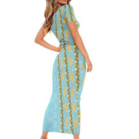Hawaii Shell Tiare Anthurium Heliconia Lei Short Sleeve Bodycon Dress With Tapa Pattern Baby Blue
