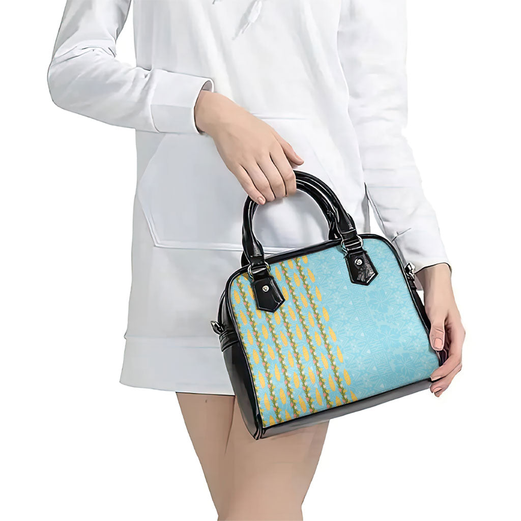 Hawaii Shell Tiare Anthurium Heliconia Lei Shoulder Handbag With Tapa Pattern Baby Blue