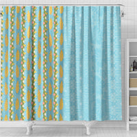 Hawaii Shell Tiare Anthurium Heliconia Lei Shower Curtain With Tapa Pattern Baby Blue