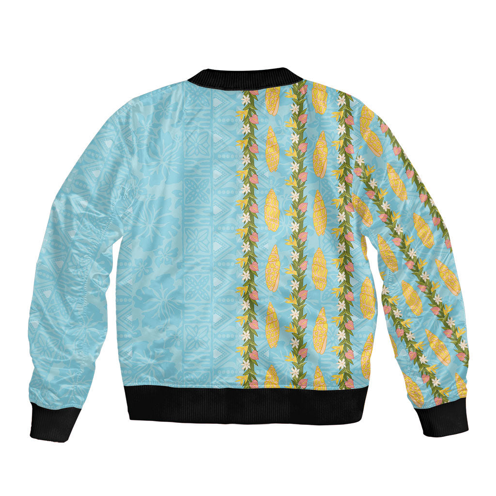 Hawaii Shell Tiare Anthurium Heliconia Lei Sleeve Zip Bomber Jacket With Tapa Pattern Baby Blue