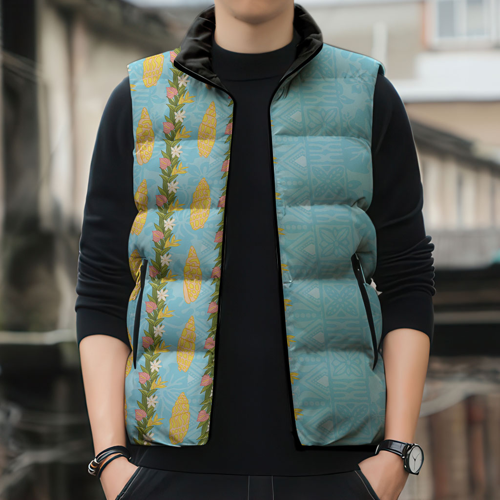 Hawaii Shell Tiare Anthurium Heliconia Lei Sleeveless Puffer Jacket With Tapa Pattern Baby Blue