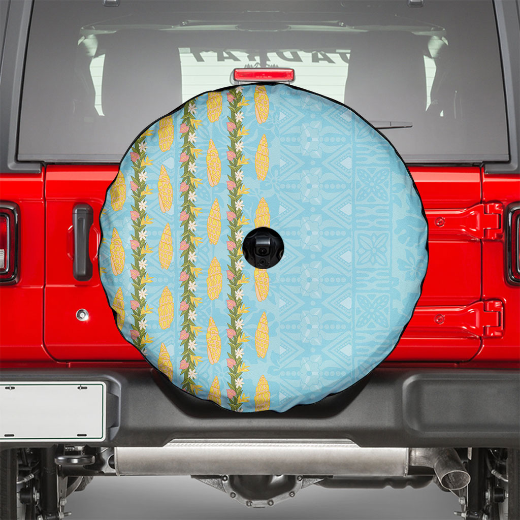 Hawaii Shell Tiare Anthurium Heliconia Lei Spare Tire Cover With Tapa Pattern Baby Blue