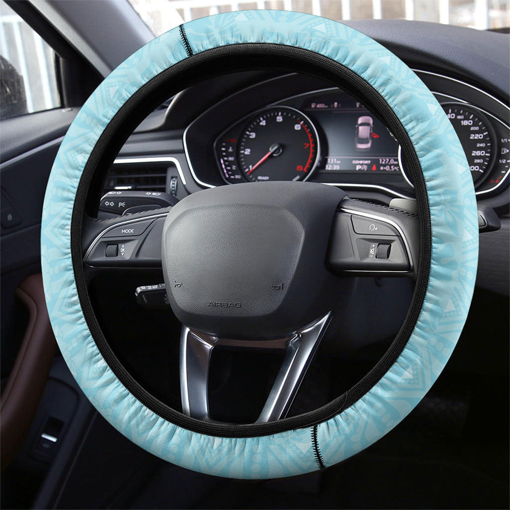 Hawaii Shell Tiare Anthurium Heliconia Lei Steering Wheel Cover With Tapa Pattern Baby Blue