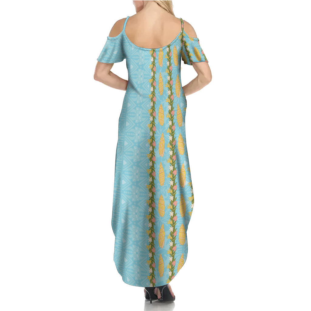 Hawaii Shell Tiare Anthurium Heliconia Lei Summer Maxi Dress With Tapa Pattern Baby Blue