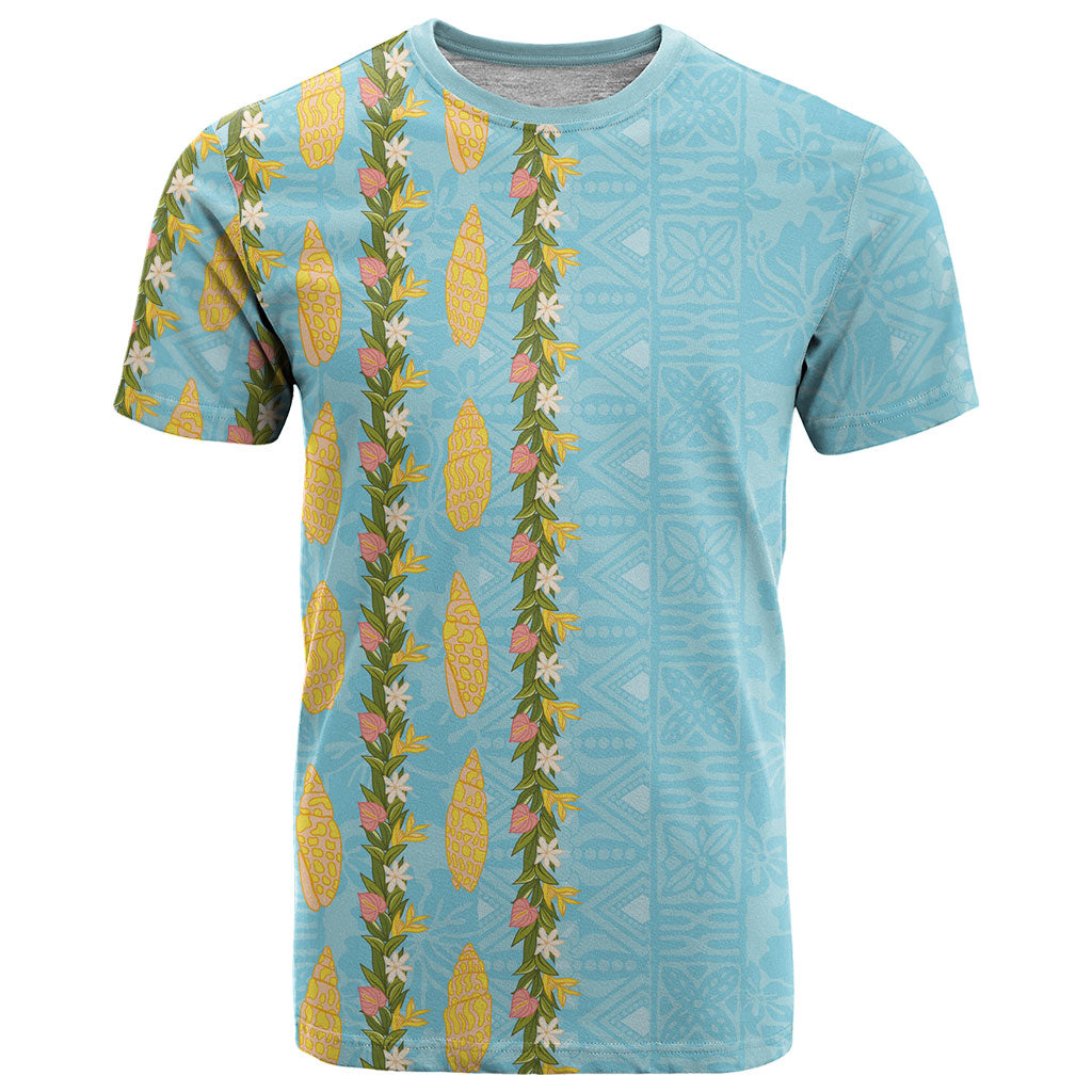 Hawaii Shell Tiare Anthurium Heliconia Lei T Shirt With Tapa Pattern Baby Blue