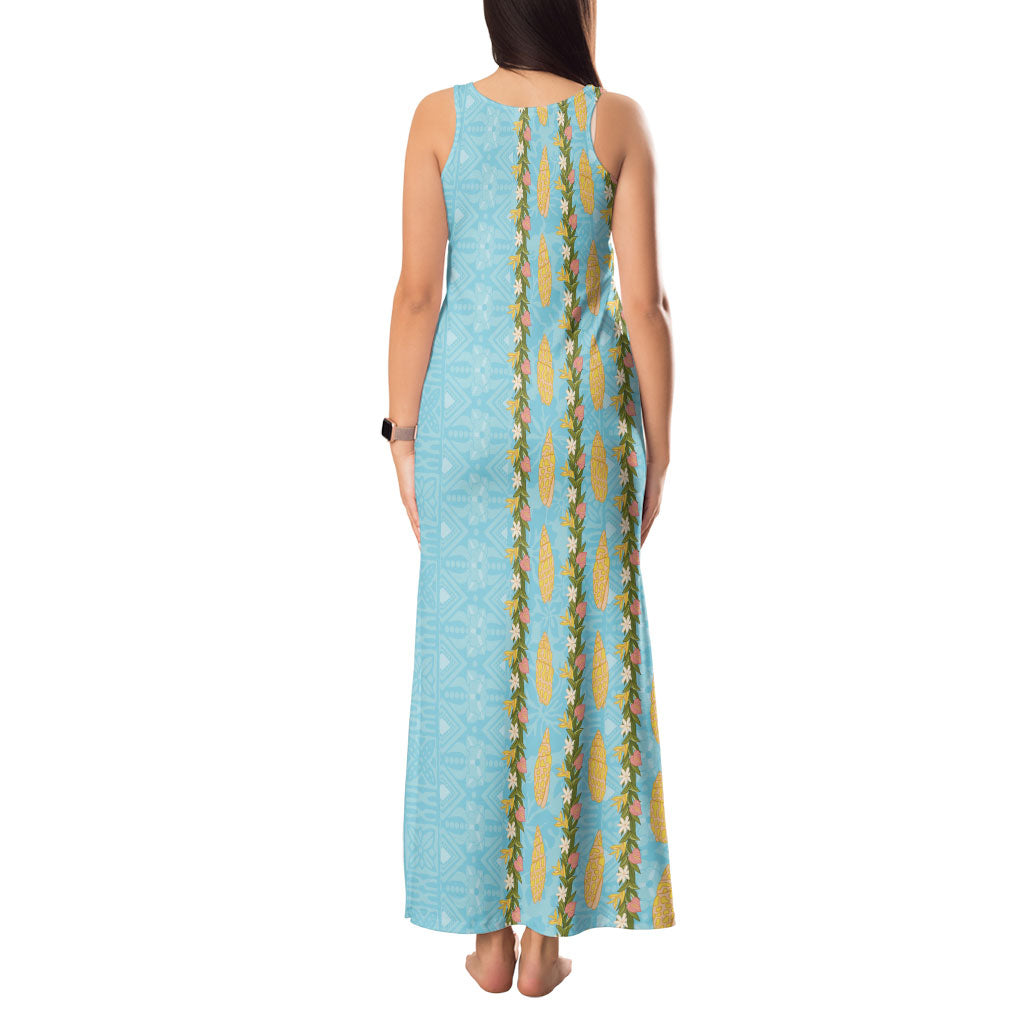 Hawaii Shell Tiare Anthurium Heliconia Lei Tank Maxi Dress With Tapa Pattern Baby Blue