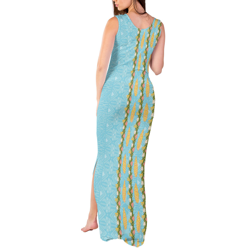 Hawaii Shell Tiare Anthurium Heliconia Lei Tank Maxi Dress With Tapa Pattern Baby Blue