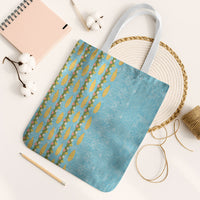 Hawaii Shell Tiare Anthurium Heliconia Lei Tote Bag With Tapa Pattern Baby Blue