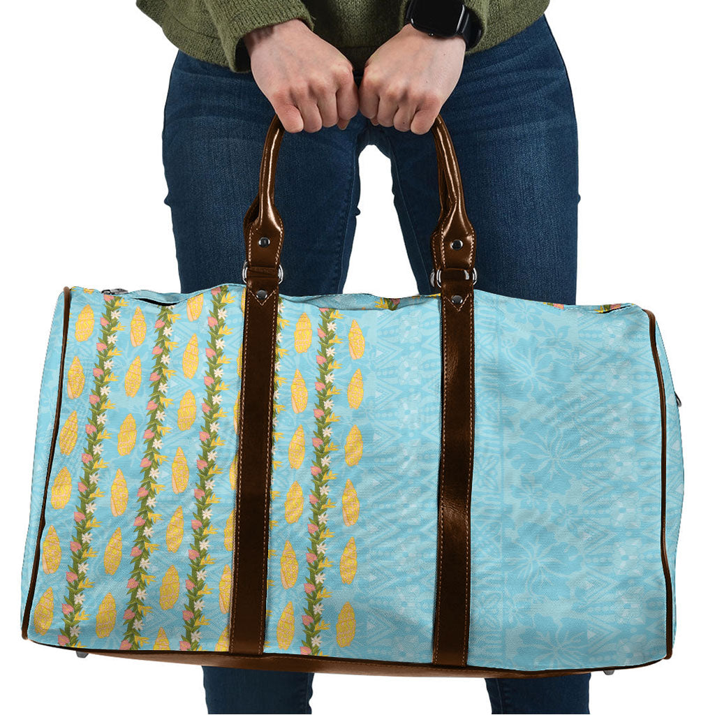 Hawaii Shell Tiare Anthurium Heliconia Lei Travel Bag With Tapa Pattern Baby Blue