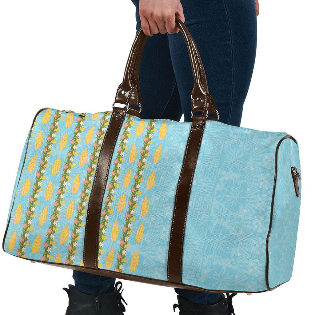 Hawaii Shell Tiare Anthurium Heliconia Lei Travel Bag With Tapa Pattern Baby Blue