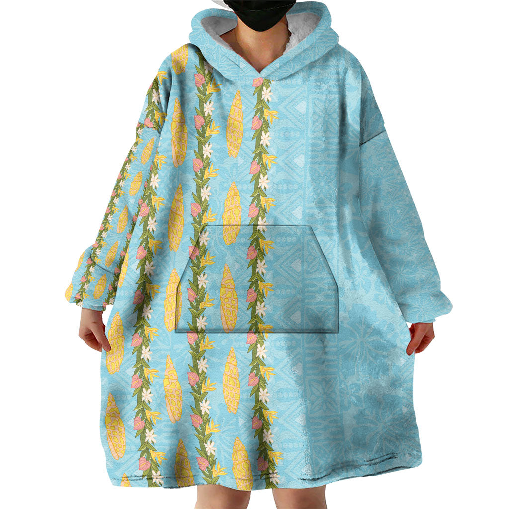 Hawaii Shell Tiare Anthurium Heliconia Lei Wearable Blanket Hoodie With Tapa Pattern Baby Blue
