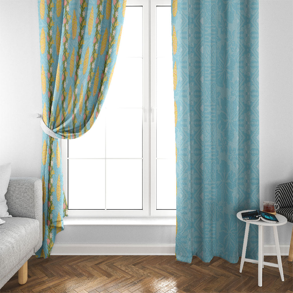 Hawaii Shell Tiare Anthurium Heliconia Lei Window Curtain With Tapa Pattern Baby Blue