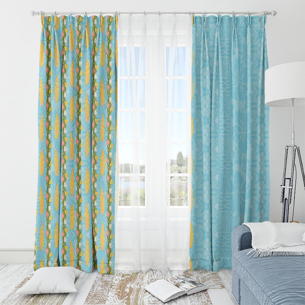 Hawaii Shell Tiare Anthurium Heliconia Lei Window Curtain With Tapa Pattern Baby Blue