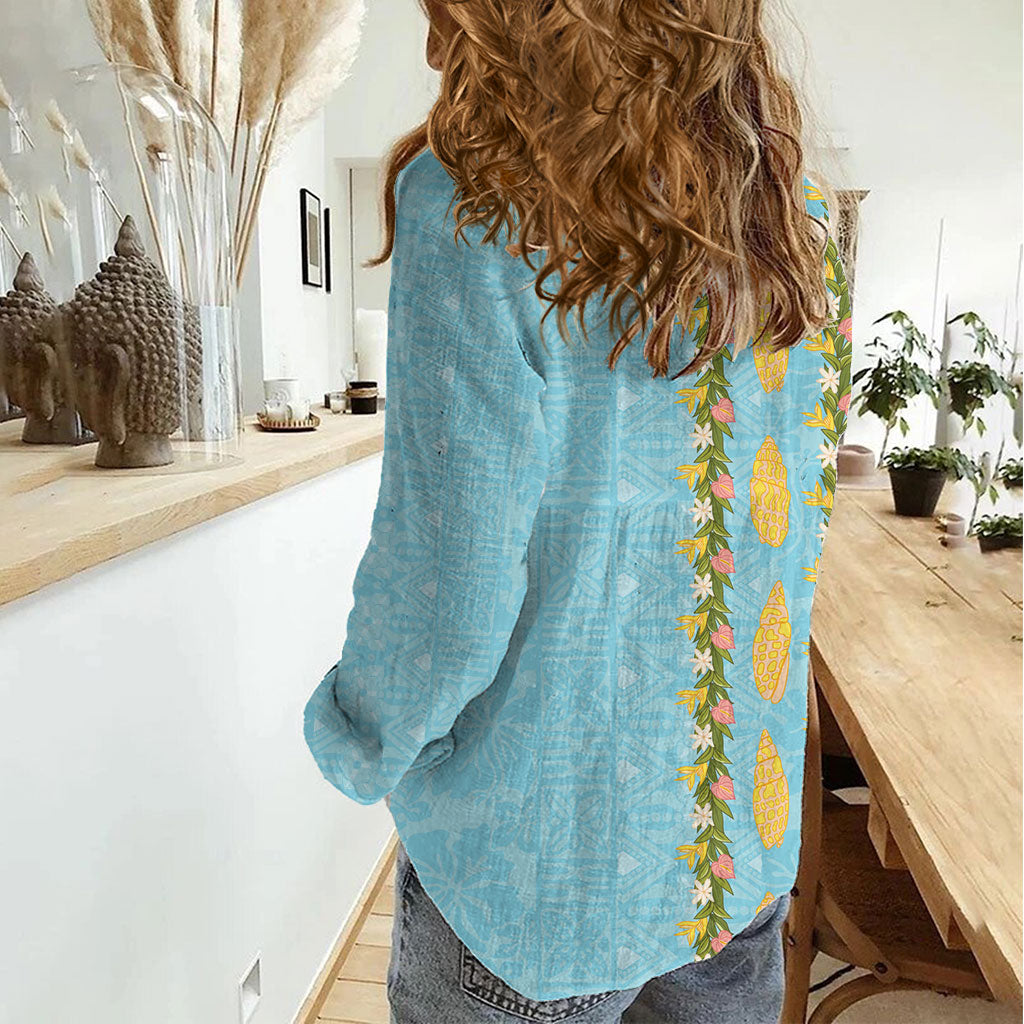 Hawaii Shell Tiare Anthurium Heliconia Lei Women Casual Shirt With Tapa Pattern Baby Blue