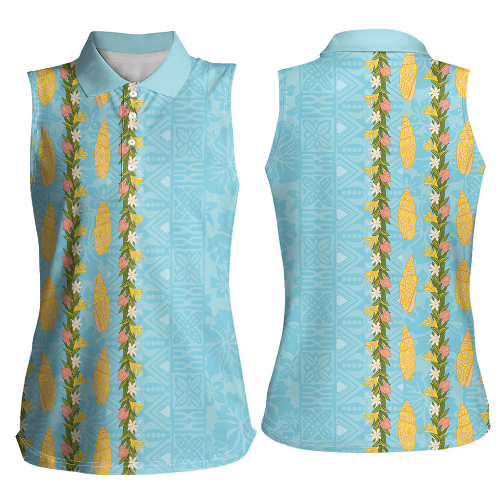 Hawaii Shell Tiare Anthurium Heliconia Lei Women Sleeveless Polo Shirt With Tapa Pattern Baby Blue