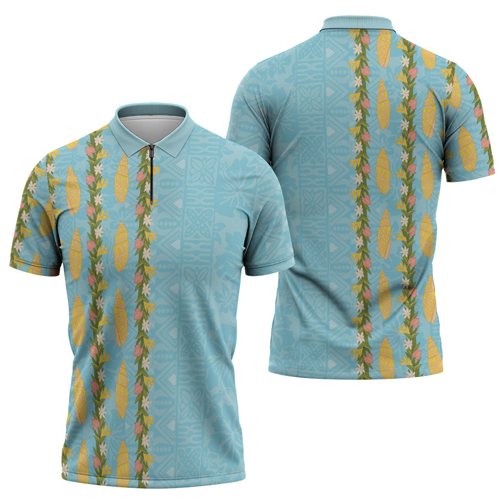 Hawaii Shell Tiare Anthurium Heliconia Lei Zipper Polo Shirt With Tapa Pattern Baby Blue