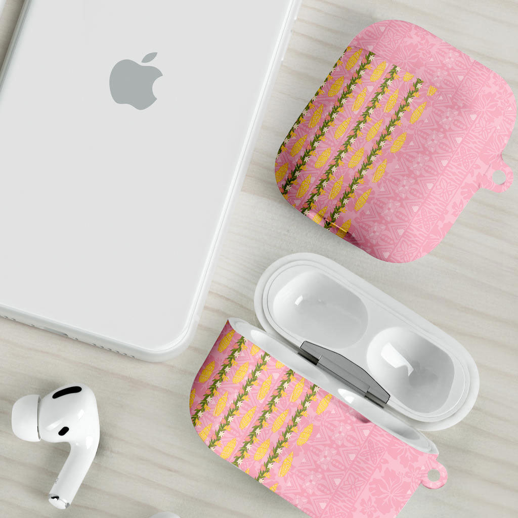 Hawaii Shell Tiare Anthurium Heliconia Lei AirPods Case With Tapa Pattern Baby Pink