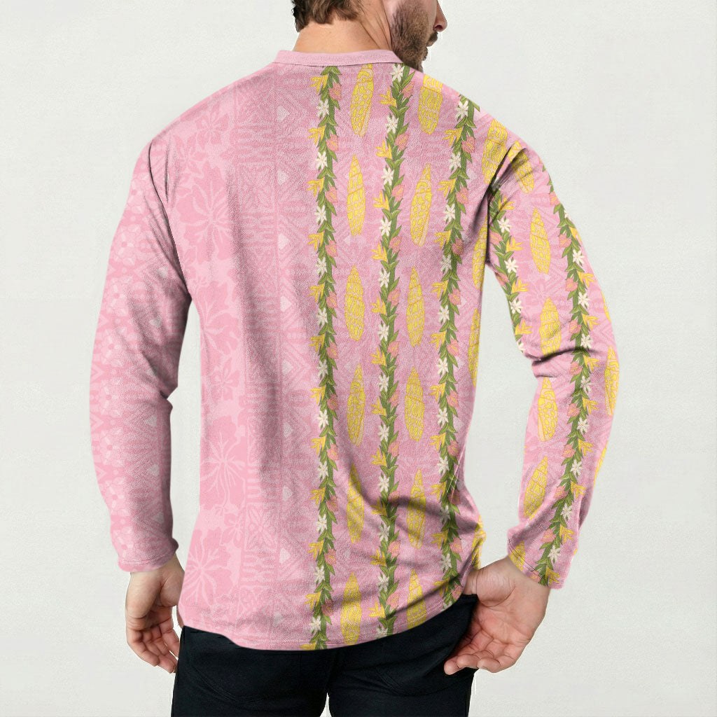 Hawaii Shell Tiare Anthurium Heliconia Lei Button Sweatshirt With Tapa Pattern Baby Pink