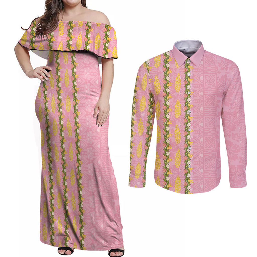 Hawaii Shell Tiare Anthurium Heliconia Lei Couples Matching Off Shoulder Maxi Dress and Long Sleeve Button Shirt With Tapa Pattern Baby Pink
