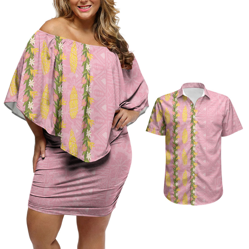 Hawaii Shell Tiare Anthurium Heliconia Lei Couples Matching Off Shoulder Short Dress and Hawaiian Shirt With Tapa Pattern Baby Pink LT05 Pink - Polynesian Pride