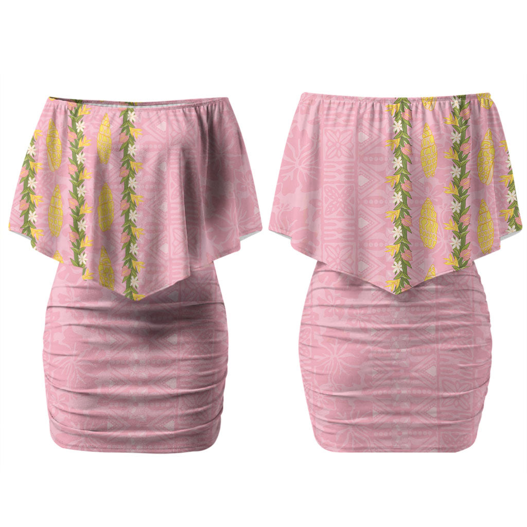 Hawaii Shell Tiare Anthurium Heliconia Lei Couples Matching Off Shoulder Short Dress and Long Sleeve Button Shirt With Tapa Pattern Baby Pink LT05 - Polynesian Pride