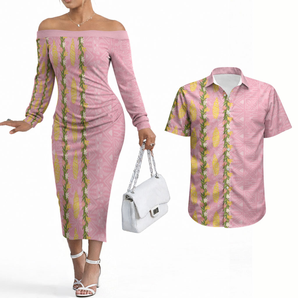 Hawaii Shell Tiare Anthurium Heliconia Lei Couples Matching Off The Shoulder Long Sleeve Dress and Hawaiian Shirt With Tapa Pattern Baby Pink LT05 Pink - Polynesian Pride