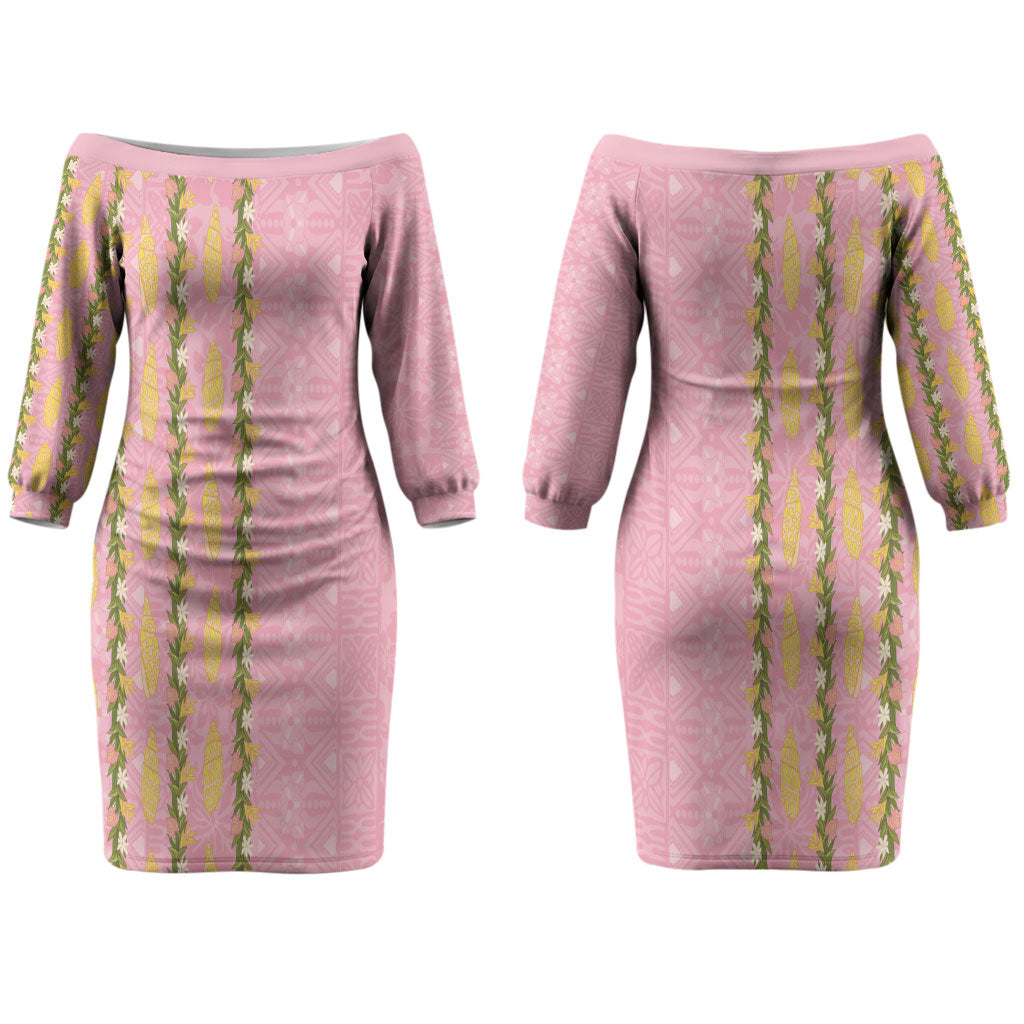 Hawaii Shell Tiare Anthurium Heliconia Lei Couples Matching Off The Shoulder Long Sleeve Dress and Hawaiian Shirt With Tapa Pattern Baby Pink LT05 - Polynesian Pride