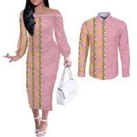 Hawaii Shell Tiare Anthurium Heliconia Lei Couples Matching Off The Shoulder Long Sleeve Dress and Long Sleeve Button Shirt With Tapa Pattern Baby Pink
