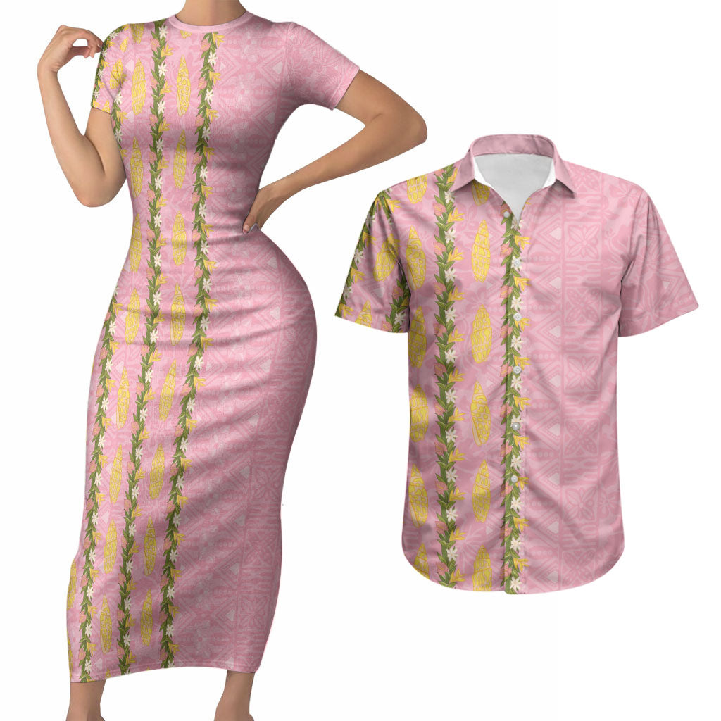 Hawaii Shell Tiare Anthurium Heliconia Lei Couples Matching Short Sleeve Bodycon Dress and Hawaiian Shirt With Tapa Pattern Baby Pink LT05 Pink - Polynesian Pride