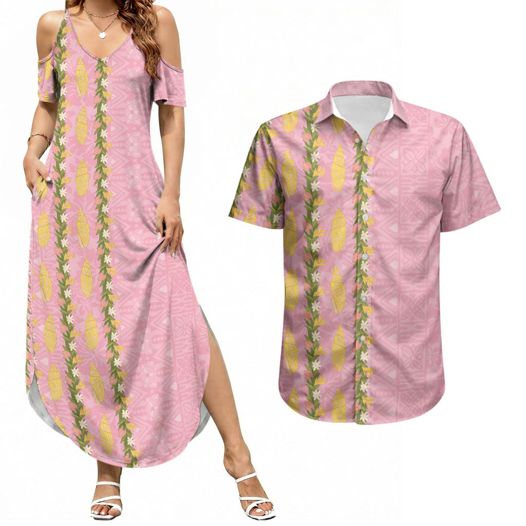 Hawaii Shell Tiare Anthurium Heliconia Lei Couples Matching Summer Maxi Dress and Hawaiian Shirt With Tapa Pattern Baby Pink LT05 Pink - Polynesian Pride