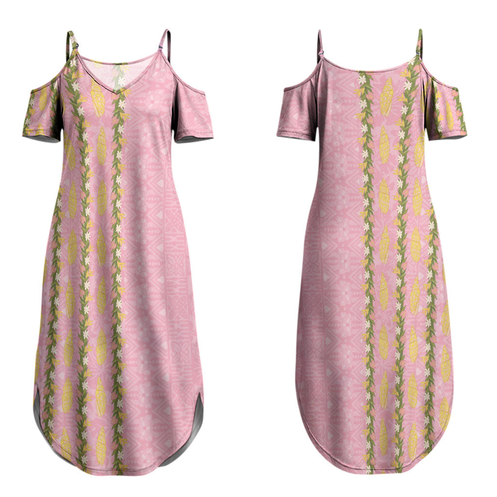 Hawaii Shell Tiare Anthurium Heliconia Lei Couples Matching Summer Maxi Dress and Hawaiian Shirt With Tapa Pattern Baby Pink LT05 - Polynesian Pride