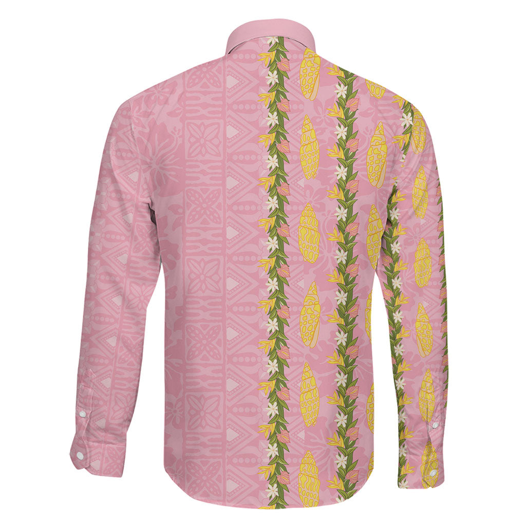 Hawaii Shell Tiare Anthurium Heliconia Lei Family Matching Long Sleeve Bodycon Dress and Hawaiian Shirt With Tapa Pattern Baby Pink